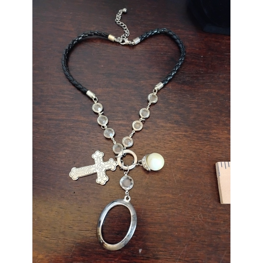 Silver Tone Braided Cord Cross Charm Necklace Faux Pearl Crystal Beaded 18 Inch